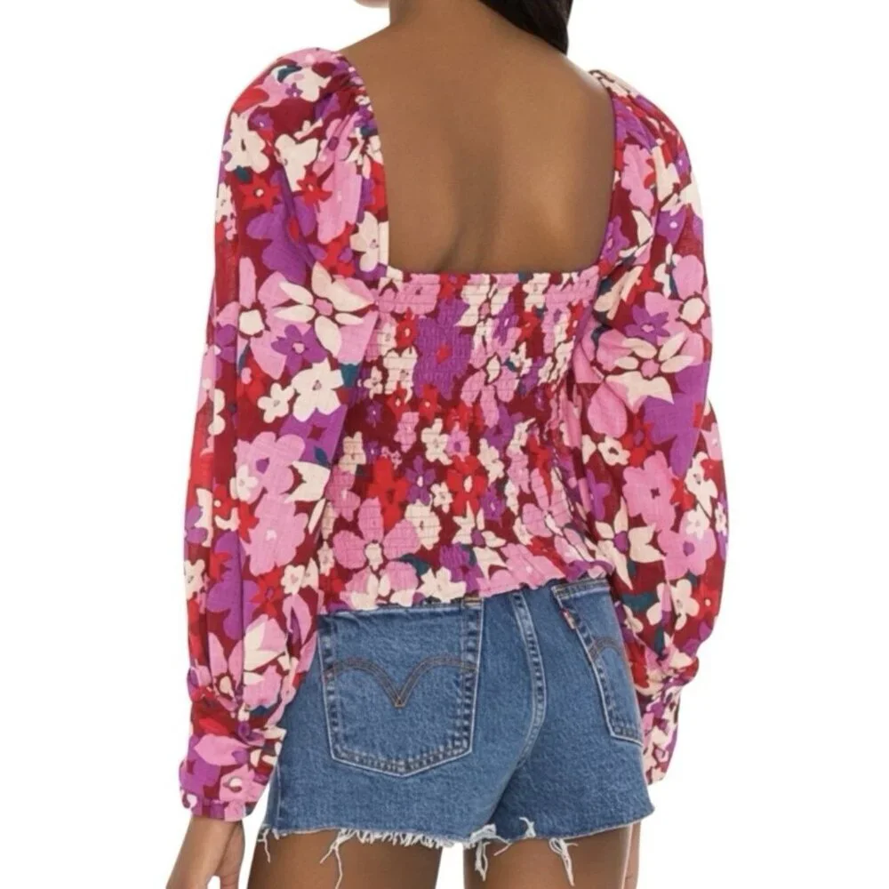 Free People Ariana Smocked Floral Top M Pink Red Balloon Sleeve Cottagecore